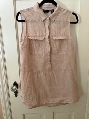 JNY Jones New York 100% Linen Taupe Tunic size Medium Sleeveless Shell Buttons